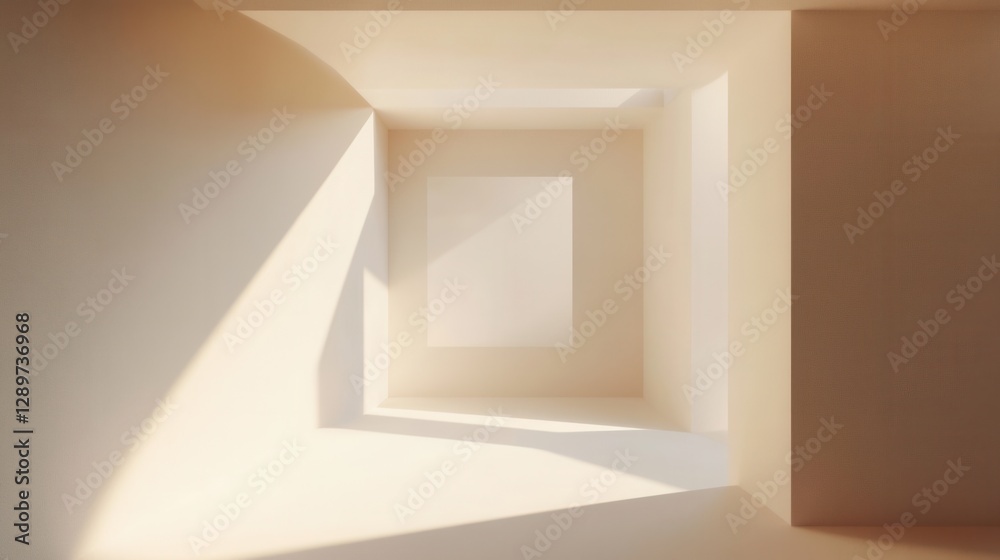 Poster light and shadow play in minimalist architectural space with soft tones and unique angles