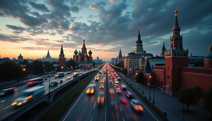 Obraz premium A stunning sunset view of Moscow with busy traffic and iconic architecture.