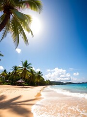 Obraz premium Golden sandy beach with crystal clear water gently lapping the shore, framed by towering palm trees and a bright, cloudless sky