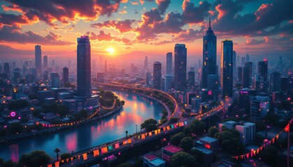 Fototapeta premium Breathtaking urban skyline at sunset with vibrant colors reflecting on the river.