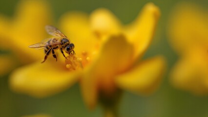 Close-up of a bee pollinating a bright yellow flower in soft focus.