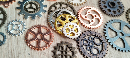 Mechanical gears arrangement workshop still life industrial environment close-up engineering concepts