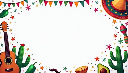 Festive cinco de mayo frame with guitar, cacti, mexican decor, and bright colors celebrating mexican culture