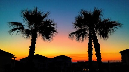 Obraz premium Sunset Palms Silhouette, Coastal Homes