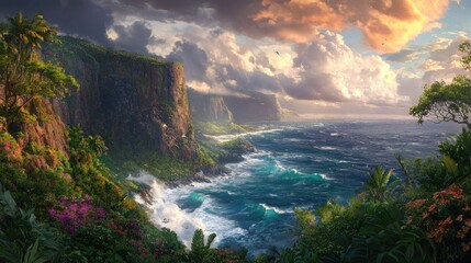 Dramatic coastal cliffs, lush vegetation, ocean waves, sunset sky.
