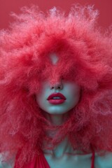 Naklejka premium Vibrant Red Furry Hair Portrait with Bold Lips