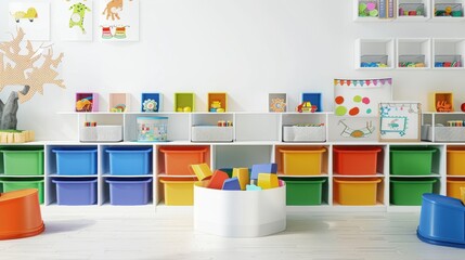 A kindergarten storage area in vector style features bright white base, colorful bins,open shelves, clean and simple design, and minimal clutter.