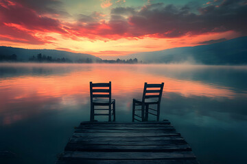Two wooden chairs on a rustic dock overlooking a peaceful lake at sunset