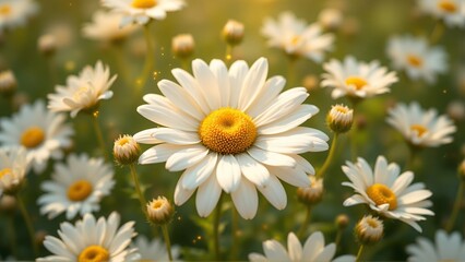 Obraz premium Vibrant daisies blooming in a sunny meadow, radiating warmth and joy.