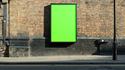 An Empty green screen billboard on brick wall in daytime setting