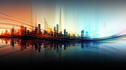 Obraz premium A Modern cityscape reflected in abstract digital waves, vibrant colors