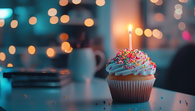 Colorful cupcake with sprinkles and a candle in an office setting, hinting at celebrations.