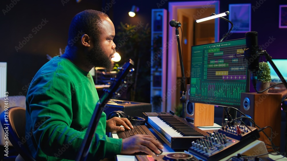 Leinwandbilder creative songwriter singing a melody and playing guitar, signal processing technology with digital a
