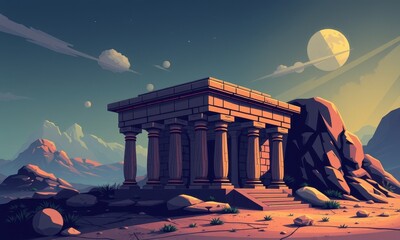 Fototapeta premium Majestic Ancient Stone Temple in a Surreal Desert Landscape Under a Moonlit Sky with Celestial Bodies and Distant Mountain Range