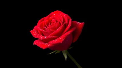 Fototapeta premium A Bright Red Rose with Silver Dust on Its Petals, Set Against a Dark Black Background for a Magical Effect