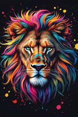 Vibrant, multicolored lion head with flowing mane, neon splashes, and intense eyes on a black background.