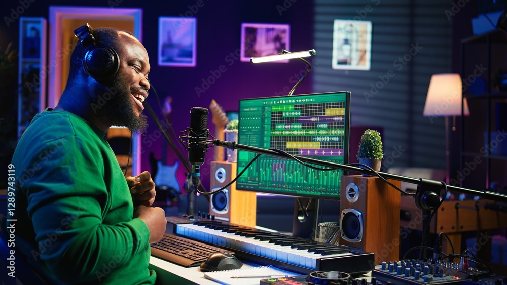 Poster confident songwriter performing a tune on microphone in home studio, recording his song and editing 