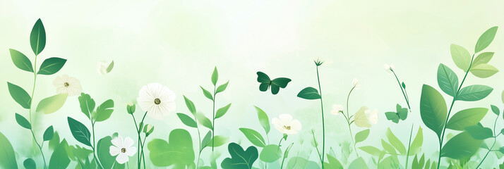 Minimalist nature illustration with green leaves and white flowers