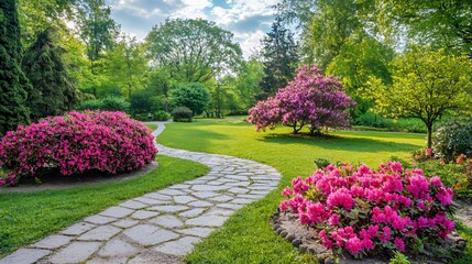 Serene Garden Path with Blooming Pink Azaleas