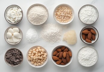 Variety of Natural Ingredients for Baking and Cooking Displayed in Bowls on a Clean Surface in a Beautiful Arrangement