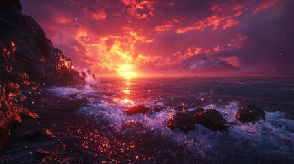 Vibrant sunset over ocean with rocky shore.