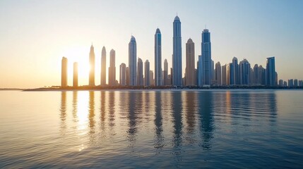 Sunrise over city skyline, calm waters reflect buildings.  Use travel brochure.