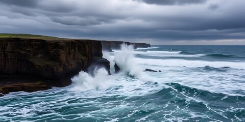 Obraz premium Wild Ocean Waves Crashing Against the Cliffside Under a Dark Cloudy Sky