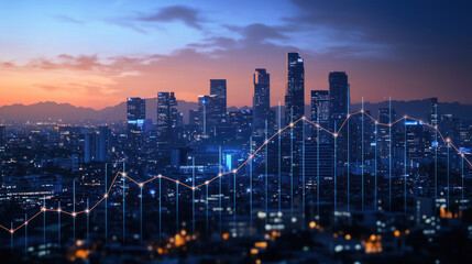Fototapeta premium A city skyline at sunset with financial growth graph overlay, symbolizing investment trends