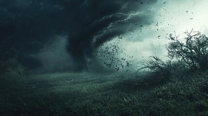 Dark ominous tornado approaching field, debris flying.