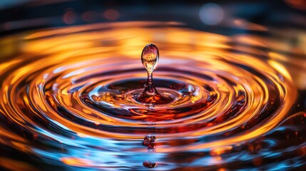 Water drop falling, creating concentric ripples on liquid surface with warm, vibrant color tones.