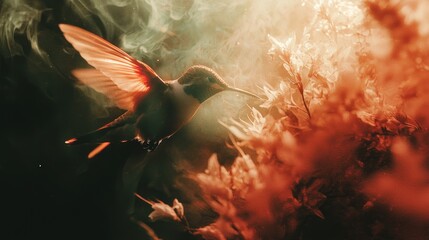 Hummingbird in flight amidst colorful smoke and flowers.