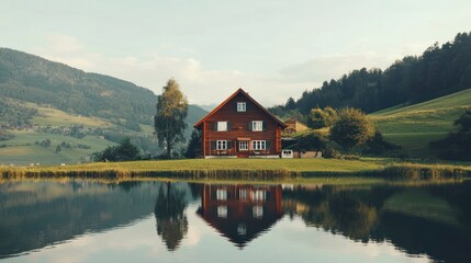 Fototapeta premium Rustic wooden house reflected in calm lake, nestled in idyllic mountain valley.