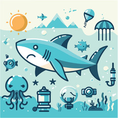 A simple and minimalist illustration of a shark with clean lines and a modern aesthetic. Perfect for creative projects, logos, and educational materials.