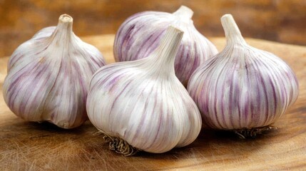 Obraz premium Four whole garlic bulbs on wooden board.