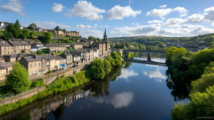 Fototapeta premium River Landscape with Town and Bridge on a Sunny Day