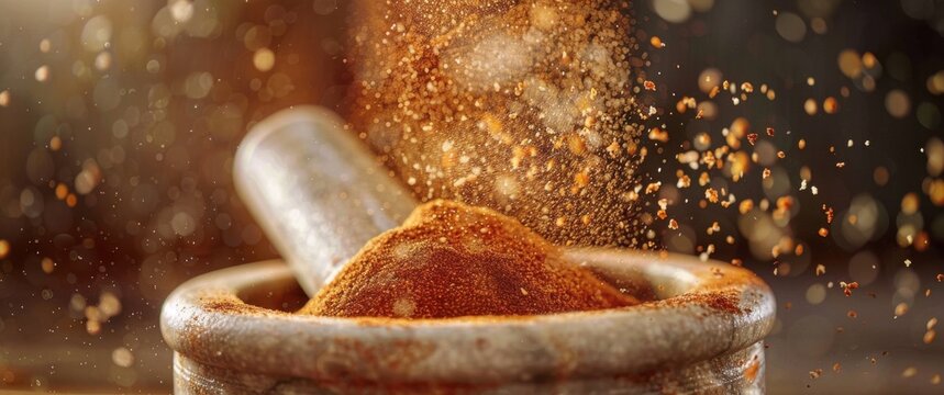 Earthy tones enhance cumin and paprika dust rising from a mortar and pestle, sharp focus, soft light.