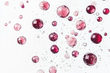 Abstract background of red liquid drops and bubbles in water.