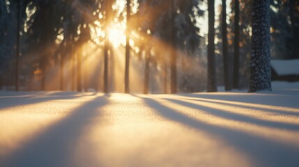 Sunlight Through Trees in a Winter Forest