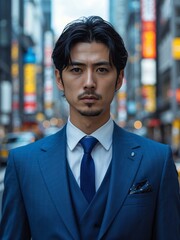 Fototapeta premium Attractive adult japanese guy in blue themed formal suit portrait on busy city street background, facing front and looking serious