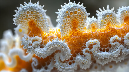 Fototapeta premium Close-up of a unique coral formation, its orange base intricately laced with delicate white, fractal-like patterns