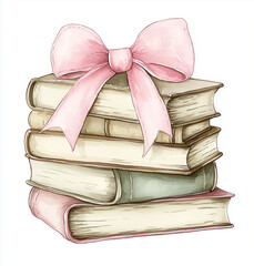 stack of old books with pink ribbon, watercolour clip art 