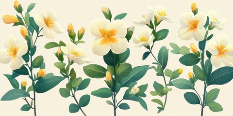 Fototapeta premium Floral Arrangement of Exotic White and Yellow Flowers Interspersed with Rich Green Leaves on a Light Pastel Background in Naturalistic Elegance