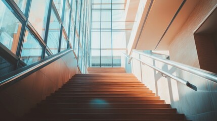 Obraz premium Modern wooden staircase in bright building.