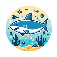 Obraz premium Cartoon shark swimming in ocean waters with sand and plants, suitable for children's books, educational materials, and marine life illustrations