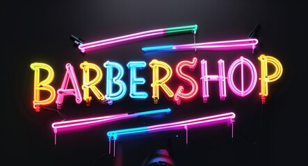 Naklejka premium Barbershop colorful neon graffiti lettering on plain black background