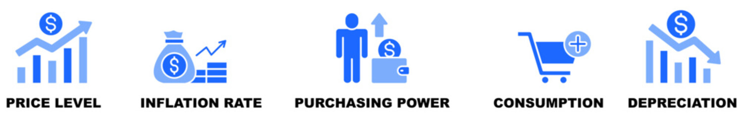 Banner of inflation vector illustration concept with English keywords and icon of price level, inflation rate, purchasing power, consumption