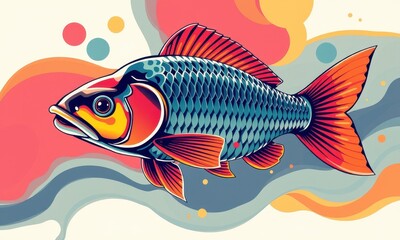 Fototapeta premium Vibrant and Colorful Illustration of a Fish with Dynamic Patterns and Abstract Background Featuring Bold Shades of Red, Blue, and Orange in an Artistic Style