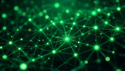 Fototapeta premium Abstract green network, glowing nodes, dark background, technology concept, website banner