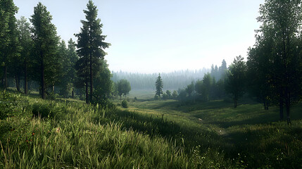 Fototapeta premium Sunlit Meadow in a Green Forest Landscape