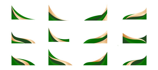 Gold and Green Wavy Shape Border and Corner Frame Vector Set Collection. Decorative Elements Corners, Borders, and Frames. Elegant Shape for Banners, Certificates, Invitations, and Covers Design